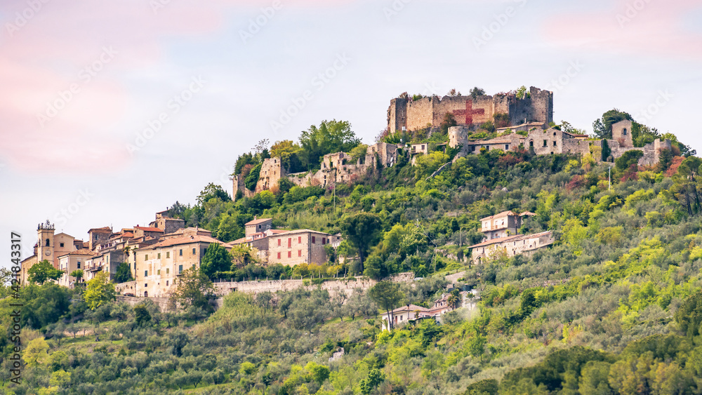 Vicalvi village with the ruins of the 11th century Lombard castle on top of the hill located amid the Italian Apennine mountains of the south-east Lazio region