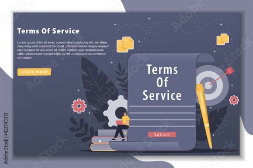 Vector illustration Terms of service concept with landing page. terms of service contract document signed Clipboard with terms of service document. Terms of use, terms and conditions concepts.