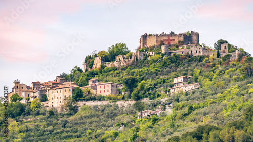 Vicalvi village with the ruins of the 11th century Lombard castle on top of the hill located amid the Italian Apennine mountains of the south-east Lazio region © PT pictures