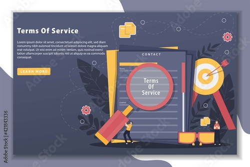 Vector illustration Terms of service concept with landing page. terms of service contract document signed Clipboard with terms of service document. Terms of use, terms and conditions concepts.