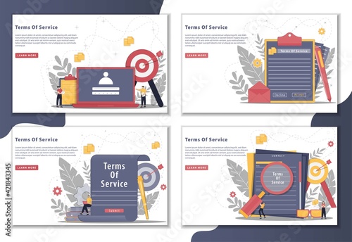 Set of Vector illustration Terms of service concept with landing page. terms of service contract document signed Clipboard with terms of service document. Terms of use, terms and conditions concepts.