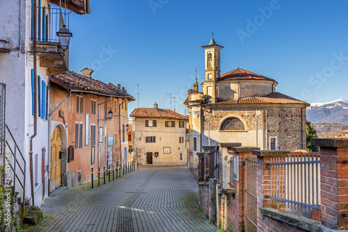 Torre Canavese, Italy. February 11th, 2021. Via San Grato in the historic center of the town.