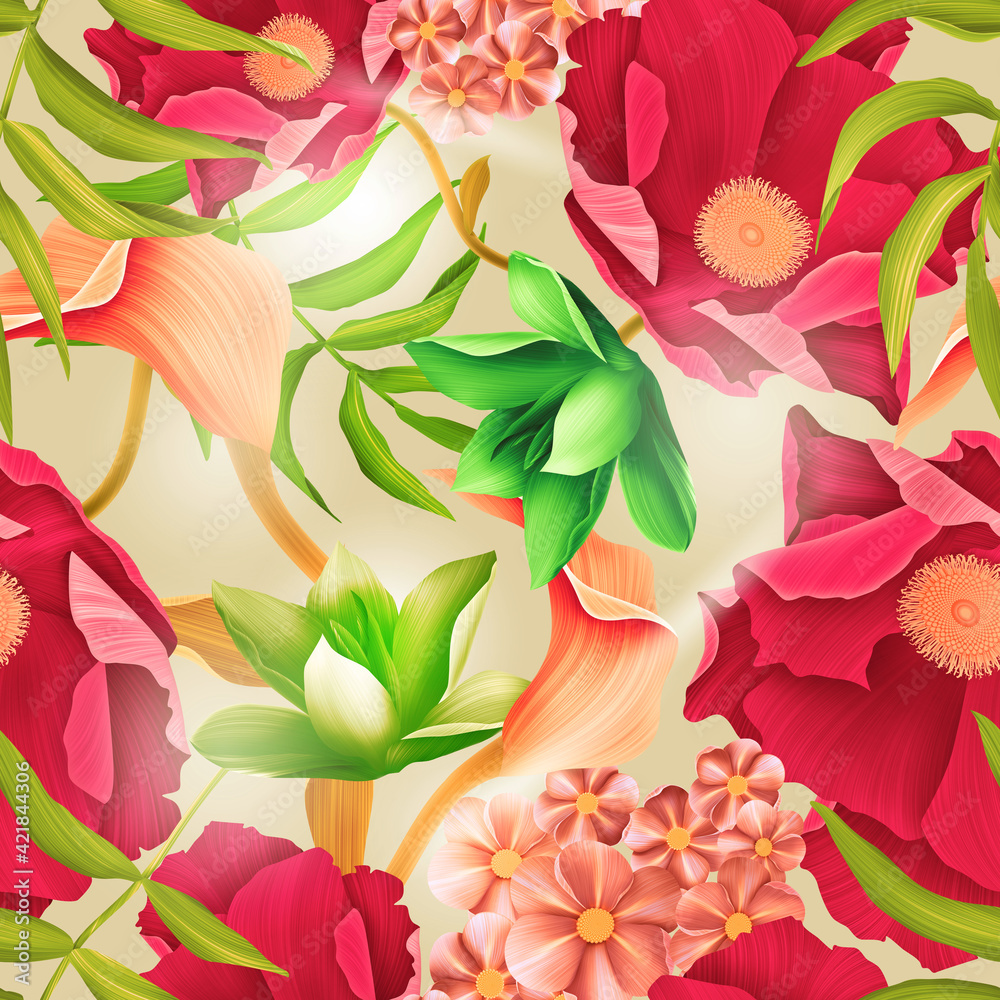 Colourful Seamless Pattern with tropic flowers and leaves. Hi quality fashion design. Fresh and unique botanical background