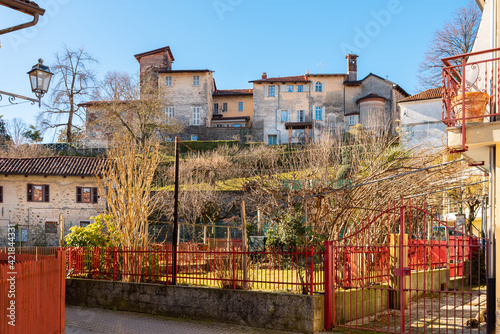 Torre Canavese, Italy. February 11th, 2021. Generic view of the cluster of houses in the historic center of the town from Via Brea.