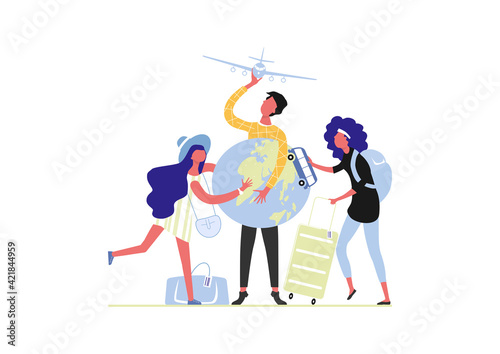 Planning a trip at home. Three people around an earth-shaped ball. Flat vector.