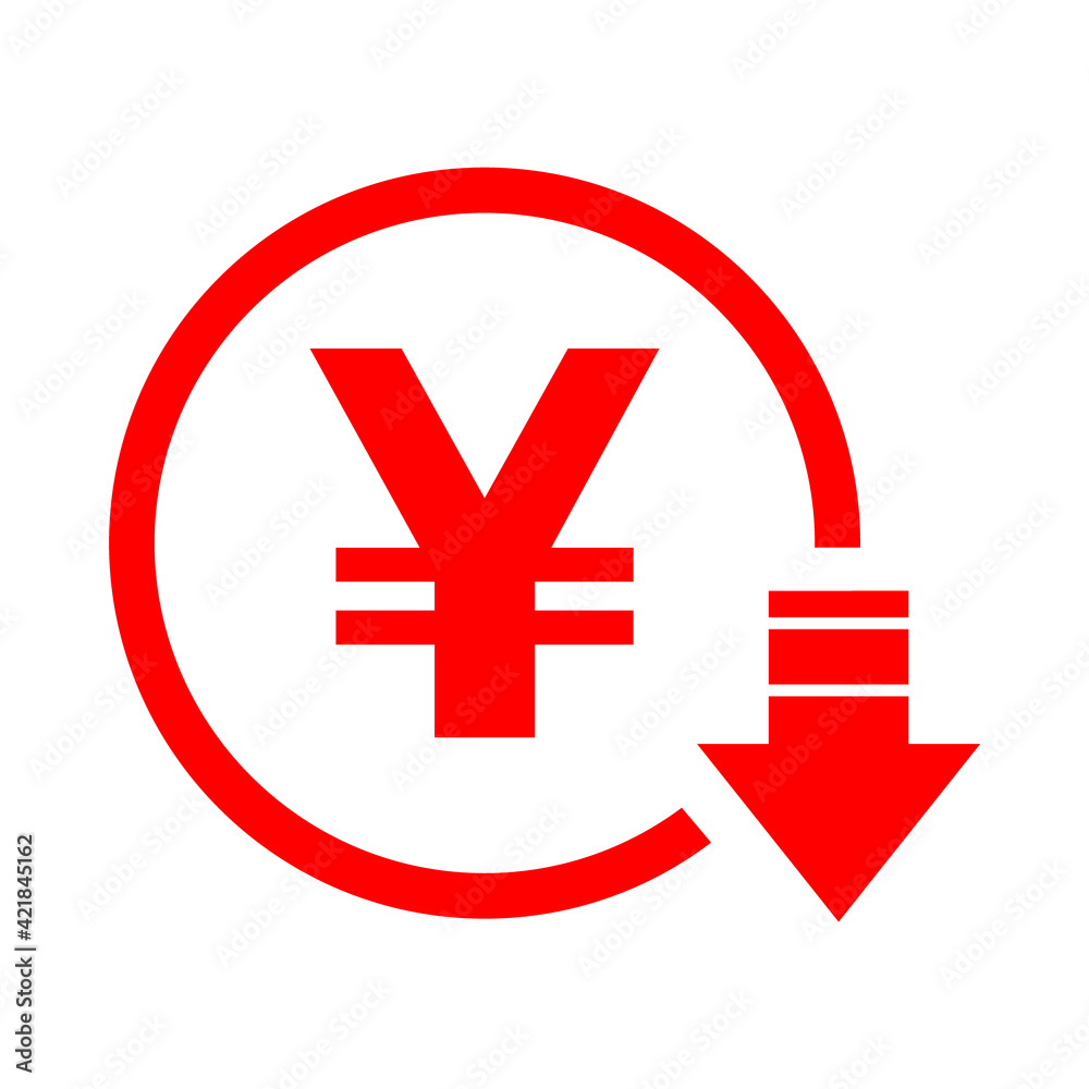 Yen reduction symbol, cost decrease icon. Reduce debt bussiness sign vector illustration Yen reduction symbol, cost decrease icon. Reduce debt bussiness sign vector illustration
