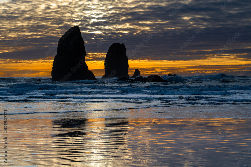 The Needles at sunset at Cannon Beach on the Oregon Coast