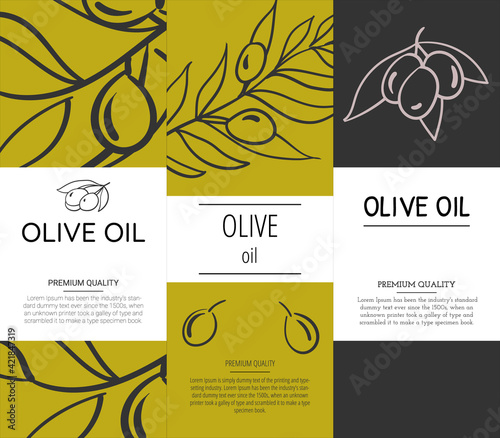 Set of stickers on the theme of olive oil, olive branches on a dark and yellow-green background.