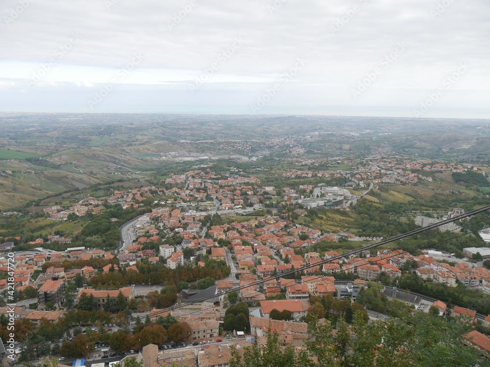 San Marino, panoramic terrace. Panorama of the surrounding area and the sea from the terrace at the arrival point of the cable car.