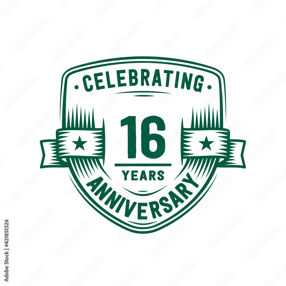 16 years anniversary celebration shield design template. 16th anniversary logo. Vector and illustration.