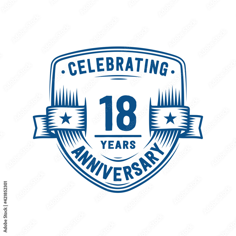 18 years anniversary celebration shield design template. 18th anniversary logo. Vector and illustration.