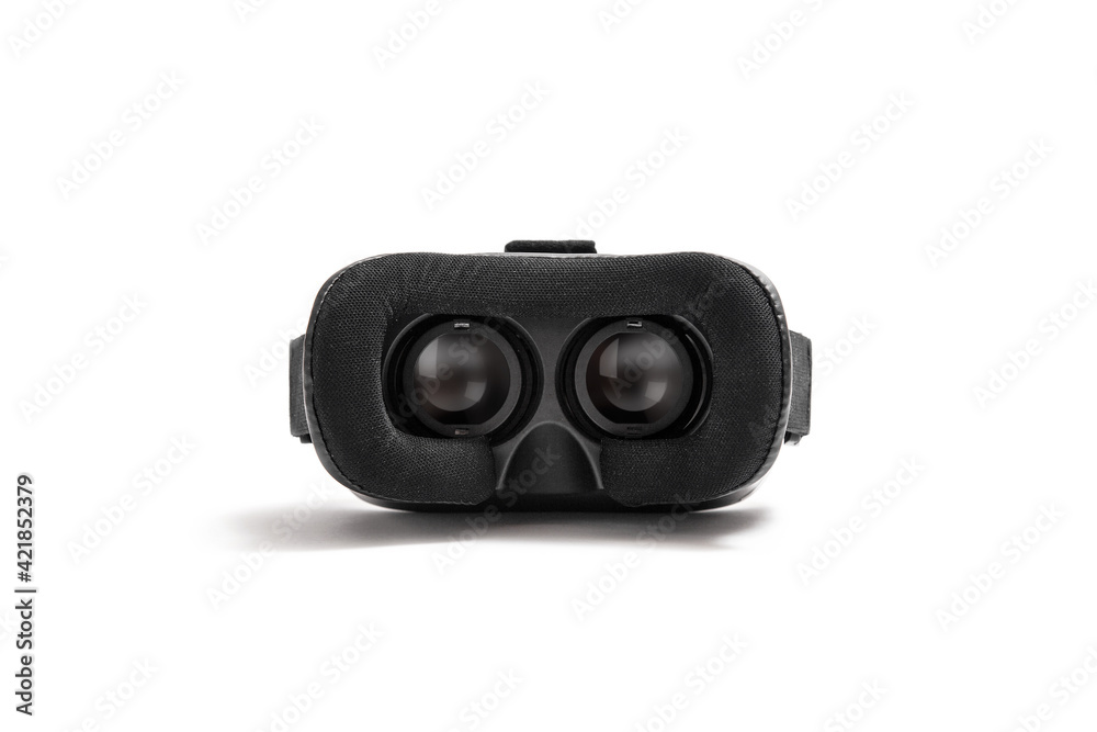 VR Box. Virtual Reality glasses backside in a middle of the page, isolated on white background. VR Box. Virtual Reality glasses backside in a middle of the page, isolated on white background.