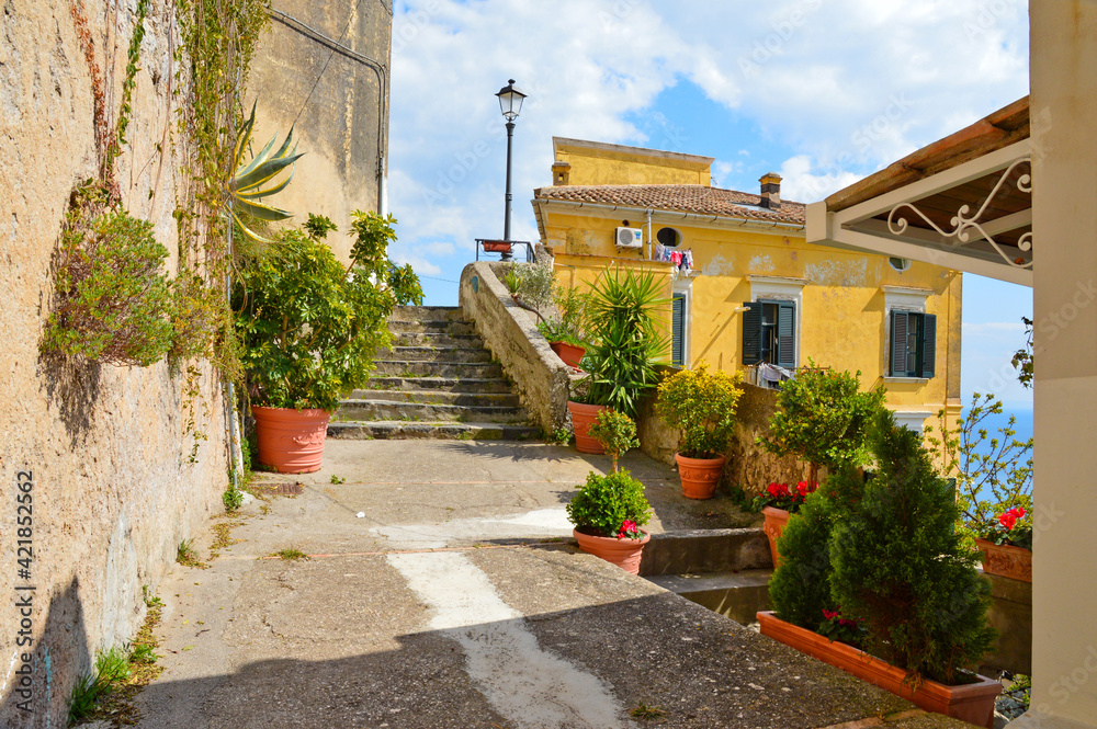 A narrow street in Raito, a village on the Amalfi coast, Italy.