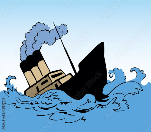Shipwreck in the waves. Vector drawing