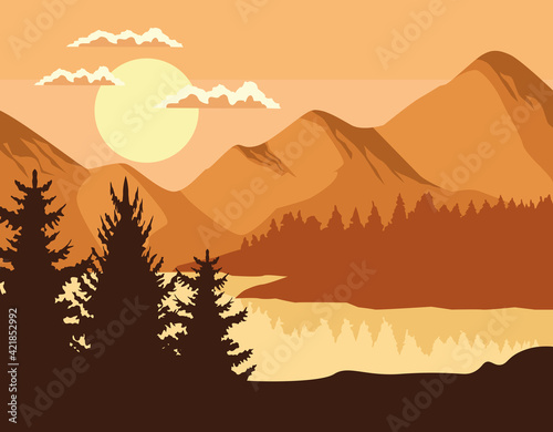 pines and lake