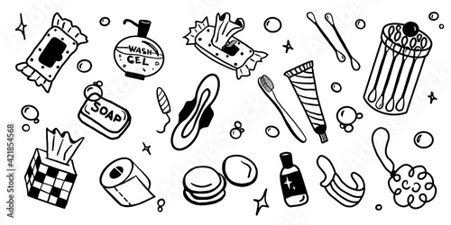 Hygiene set of bathroom equipment, cosmetics and tools. Contains such pictures as wet wipes, antiseptic, soap, toothbrush, mask and more. Hand drawn vector illustration isolated on white. Flat design.