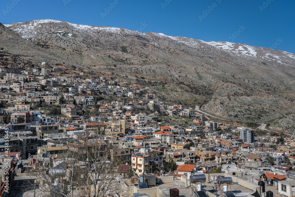View of Majdal Shams, a Druze town in the southern foothills of Mount Hermon, north of the Golan Heights, Israel.