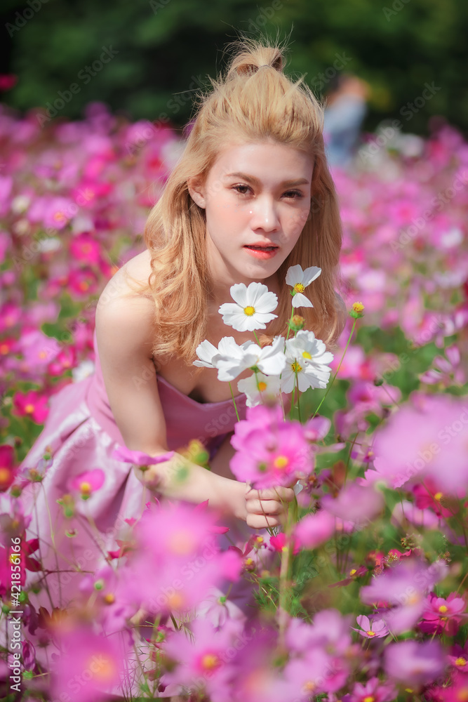 Beautiful girl in a field of cosmos flowers on a sunny day Beautiful girl in a field of cosmos flowers on a sunny day