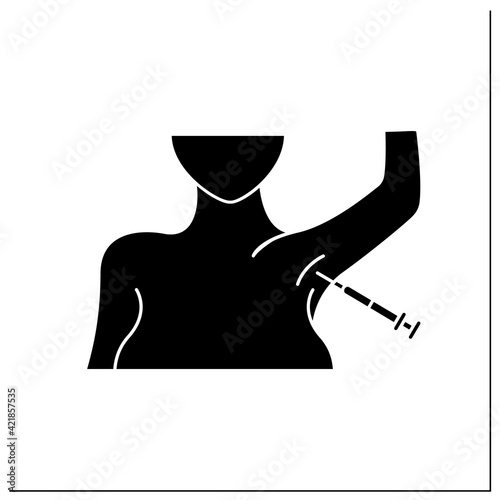 Neurotoxin injection glyph icon. Injection into armpits. Surgery. Full syringe. Beauty cosmetic procedure concept. Filled flat sign. Isolated silhouette vector illustration