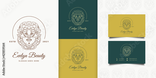 Beauty Woman Logo with Elegant Hairstyle in Linear Concept and Vintage Style for Fashion, Salon, Cosmetic or Beauty Studio Logos
