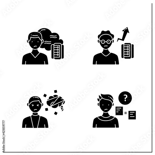 Information overload glyph icons set. Consists of cognitive dissonance, comparative research method, data smog, new info rate. Filled flat signs. Isolated silhouette vector illustrations