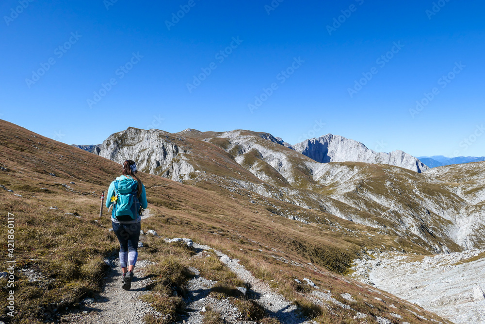 A woman with a hiking backpack hiking along a narrow pathway to the top of Hohe Weichsel in Austria. The woman in enjoying the calmness and peace. Lush pasture around. Exploration and discovery