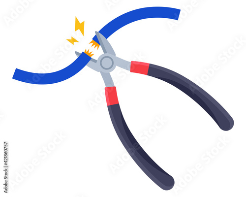 nippers to bite the blue electrical wire. flat vector illustration isolated on white background.
