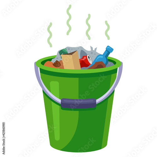 trash bin with waste in the kitchen. flat vector illustration isolated on white background.