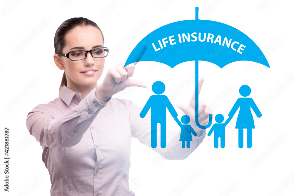 Life insurance concept with businesswoman pressing button Life insurance concept with businesswoman pressing button