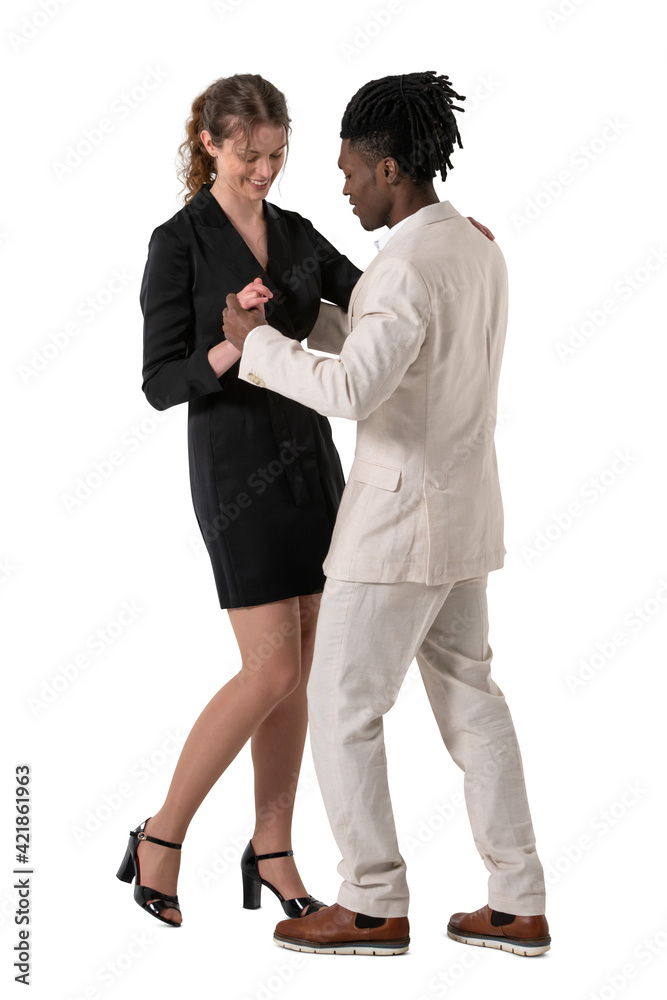 Fototapeta premium Man and woman at a fancy dance party dancing happily together isolated on white background