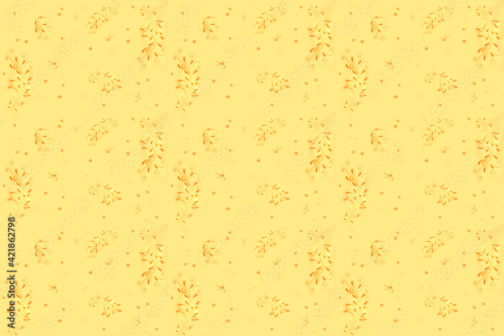 yellow, brown paper, seamless texture with hand-drawn watercolor pattern, floral ornament, branch with leaves, curls, empty light background for designer, fabric, gift wrap, wallpaper