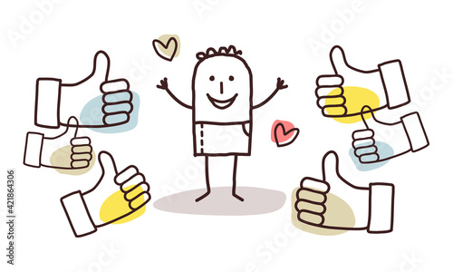Cartoon Happy Man with many Like-signs and Love, for Father's day or Birthday