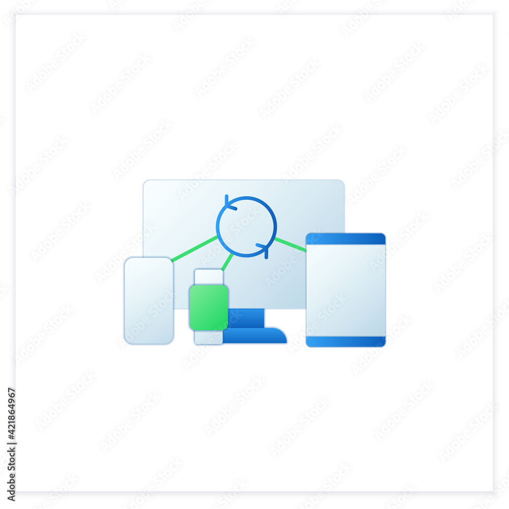 Cross device syncing flat icon.Synchronizing all information in different devices. Connecting to devices. All devices work together. Digitalization concept. 3d vector illustration