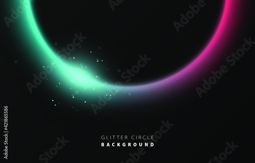 Glitter blue red wave neon circle ring frame & sparkle flash light star shimmer vector on black background, shiny glow tik tok round line planet curve, futuristic web banner poster card print template
