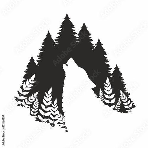 Silhouette of a howling wolf on the moon