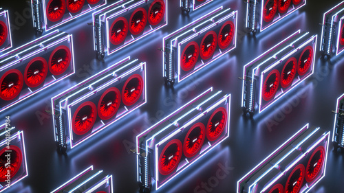 several three-dimensional video cards in neon light on a black background. mining farm concept. 3d render illustration