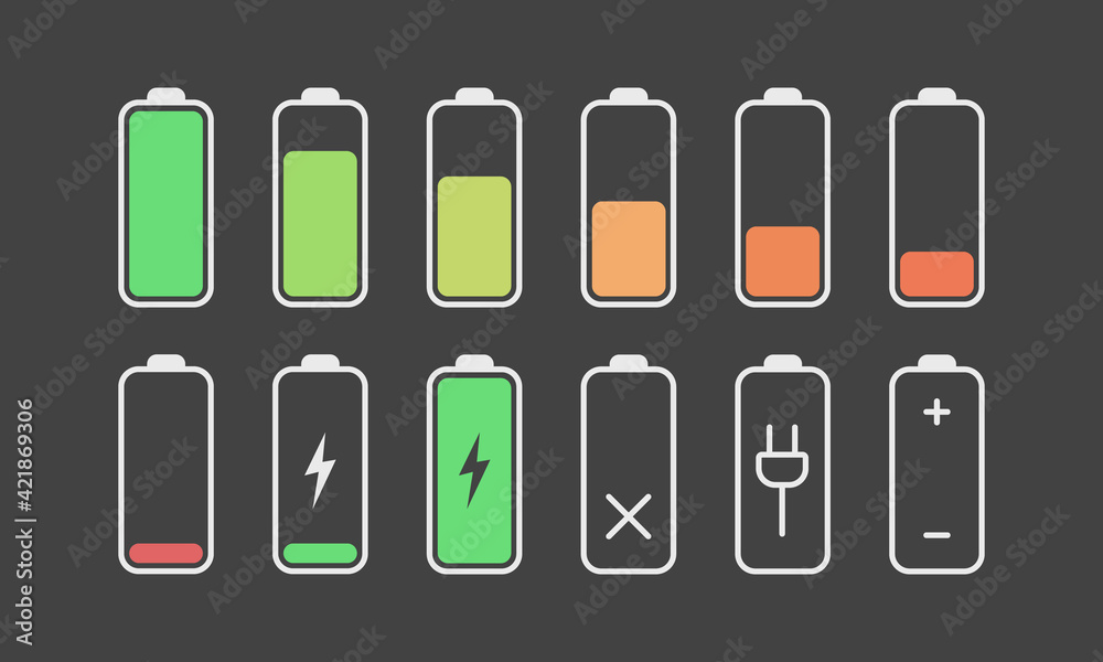 Set of Battery icons. Battery icons with different level of charge. Full battery, low battery, charging. Charge indicators for interface design. Vector illustration Set of Battery icons. Battery icons with different level of charge. Full battery, low battery, charging. Charge indicators for interface design. Vector illustration