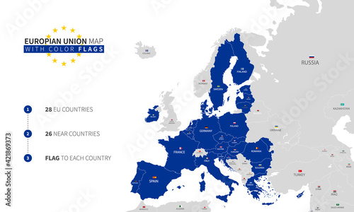 Map of Europe with country borders. European Union map with countries names and flags. Eu Background template. Vector illustration