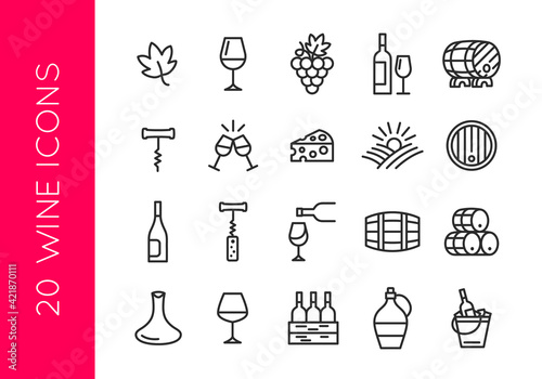 Wine icons. Set of 20 wine trendy minimal icons. Grape, Glass, Barrel, Cheese, Vineyard icon. Design signs for restaurant menu, web page, mobile app, packaging design. Vector illustration