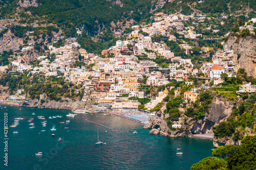 Stunning view of Positano village during a bright sunny day, Amalfi coast, southern Italy 