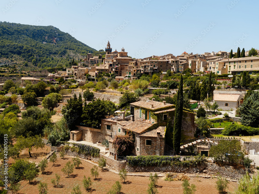 View of Valldemossa, a charming village in the Tramuntana mountains. Majorca, Balearic Islands, Spain