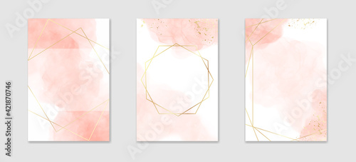 Collection of abstract dusty pink liquid watercolor background with golden lines and frame. Pastel marble alcohol ink drawing effect. Vector illustration design template for wedding invitation
