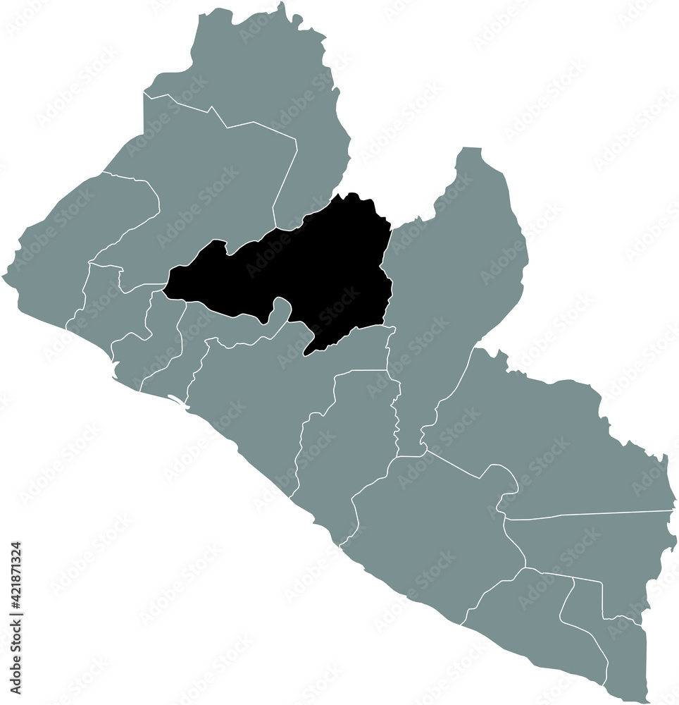 Black highlighted location map of the Liberian Bong county inside gray map of the Republic of Liberia