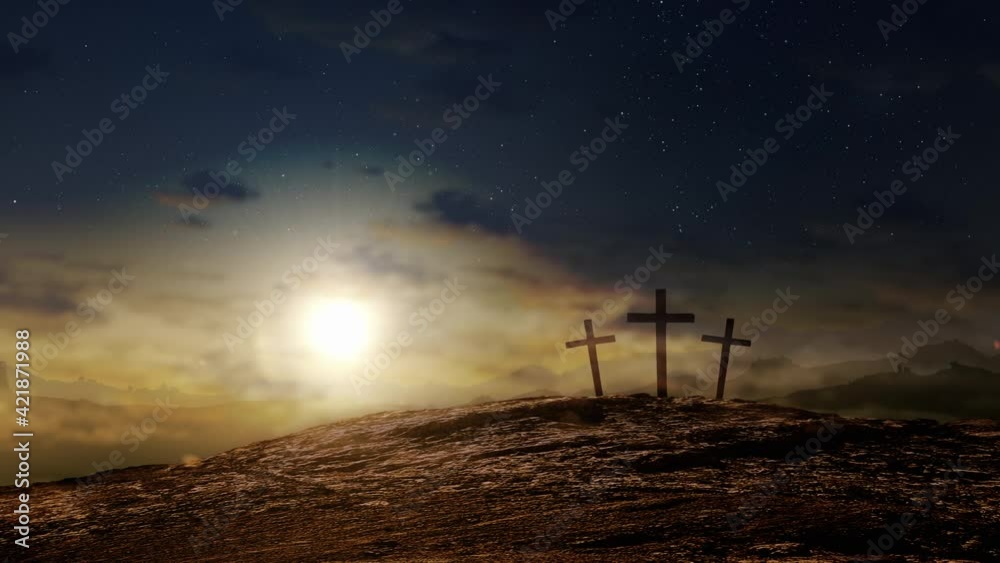 Three crosses on a hill at dusk with moving clouds background. Easter and Good Friday concept. Seamless looping 4k