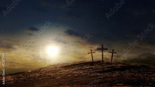 Three crosses on a hill at dusk with moving clouds background. Easter and Good Friday concept. Seamless looping 4k