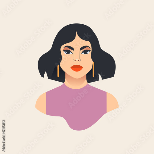 Beautiful woman with short black hair. Flat vector illustration.