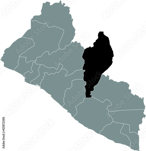 Black highlighted location map of the Liberian Nimba county inside gray map of the Republic of Liberia