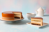 A piece of mousse cake on a plate with a large cake a cup of tea and a teapot