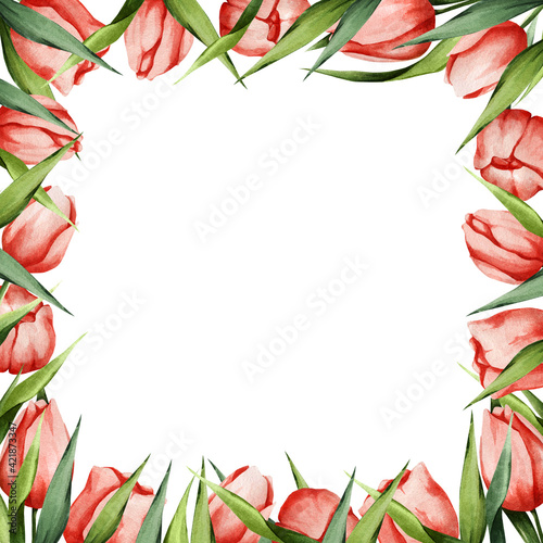 Fototapeta Naklejka Na Ścianę i Meble -  Frame made of watercolor flowers - tulips and green leaves. Spring background for cards, posters, banners