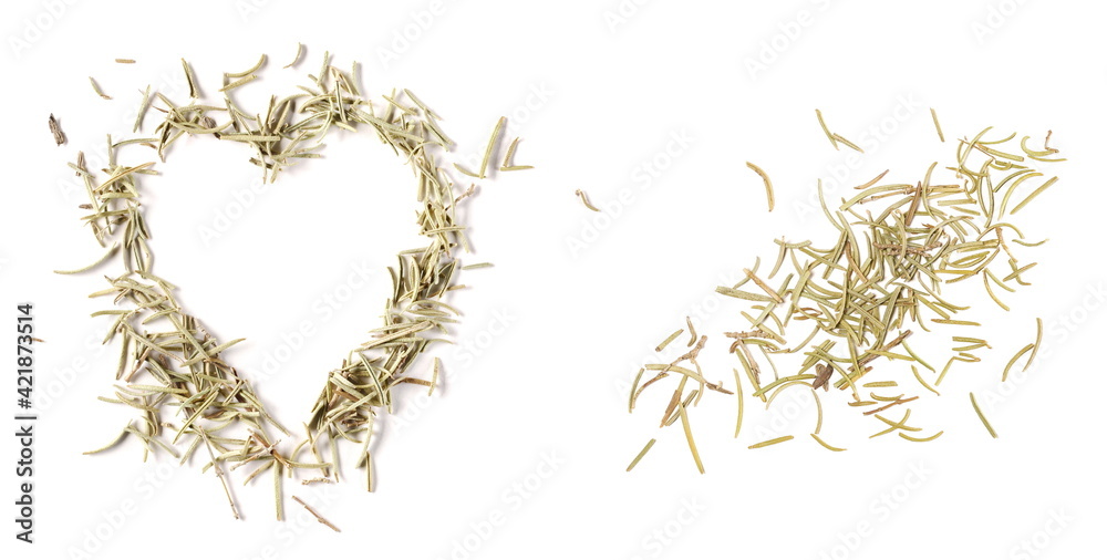Pile of dry rosemary in shape heart isolated on white background, top view